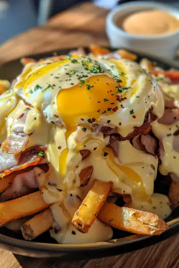 Ultimate Breakfast Poutine with Creamy Hollandaise Sauce taken with iphone 15 pro max --iw 2 --ar 4:5 --v 6.0 --raw