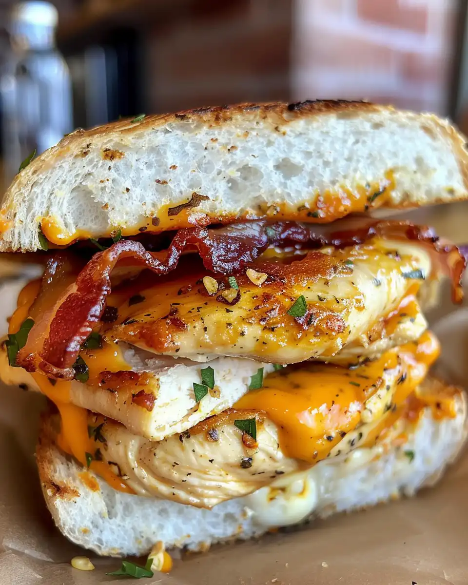 Final loaded chicken club sandwich ready to serve on plate