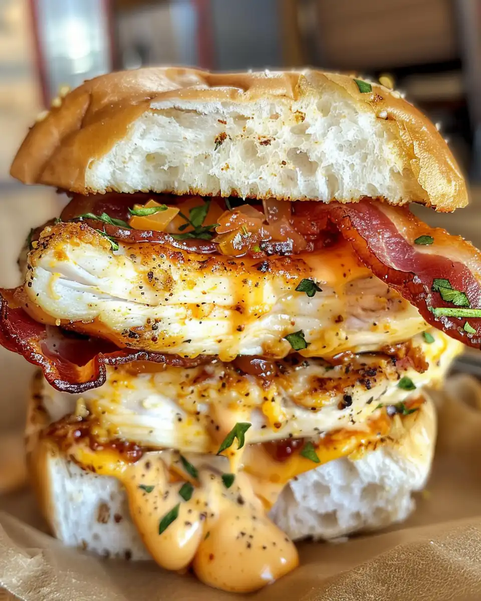 Ultimate loaded chicken club sandwich with crispy bacon and fresh herbs