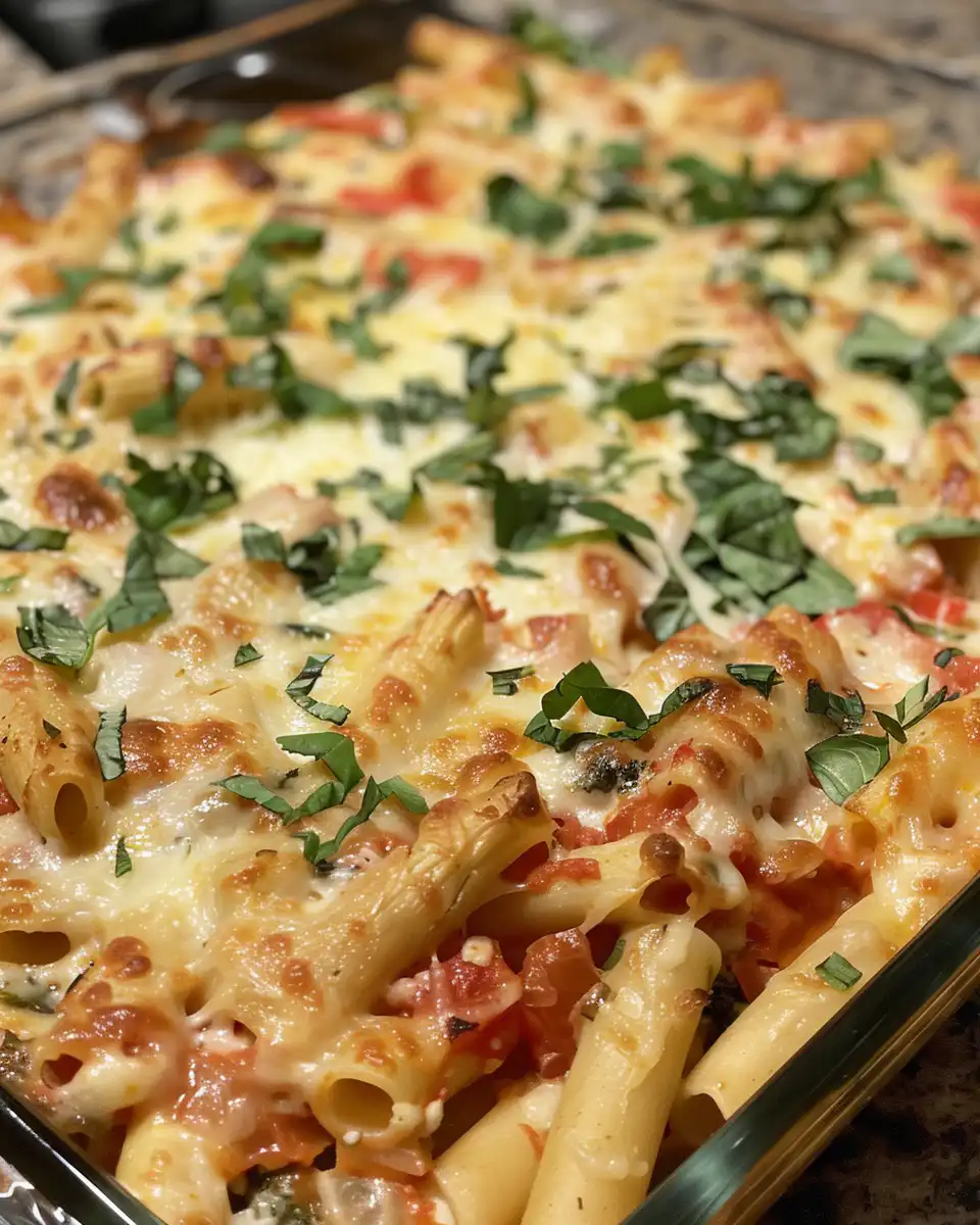 Golden bubbly vegetable baked ziti served with fresh basil garnish