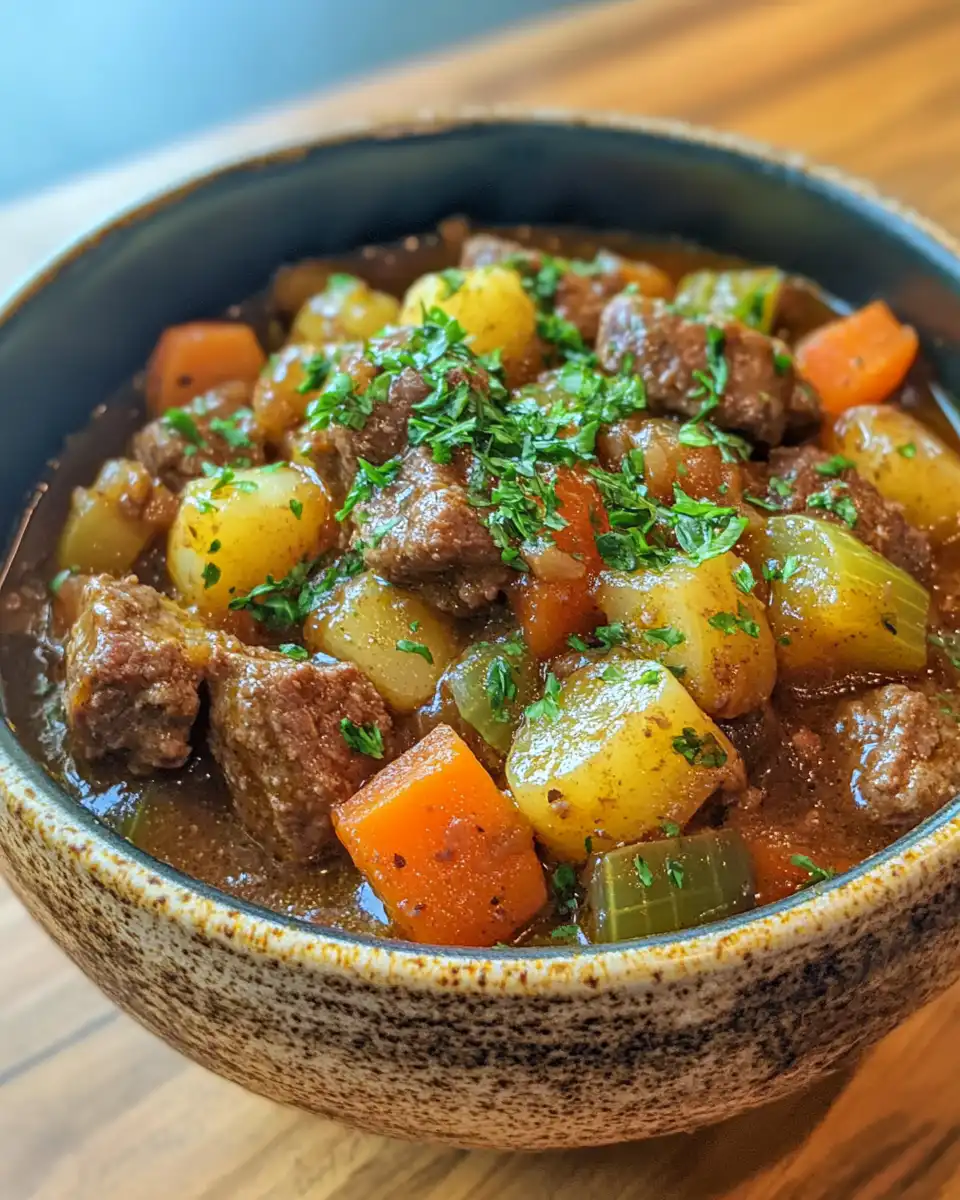 Serving a hearty vegetable beef stew in a bowl