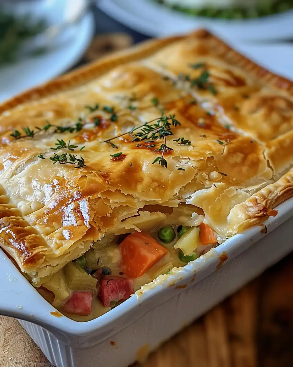 Close-up of golden biscuit crust on vegetable pot pie