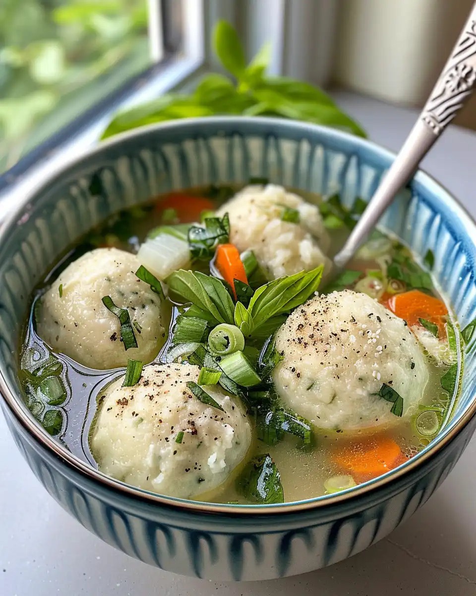 Serving of vegetarian matzo ball soup with fresh parsley garnish