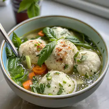 Vegetarian matzo ball soup taken with iphone 15 pro max --iw 2 --ar 4:5 --v 6.0 --raw