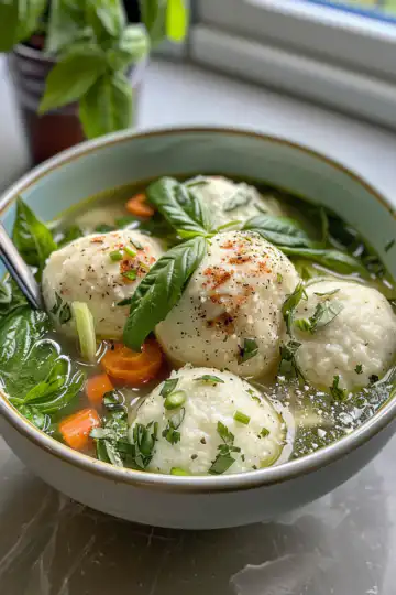 Vegetarian matzo ball soup taken with iphone 15 pro max --iw 2 --ar 4:5 --v 6.0 --raw