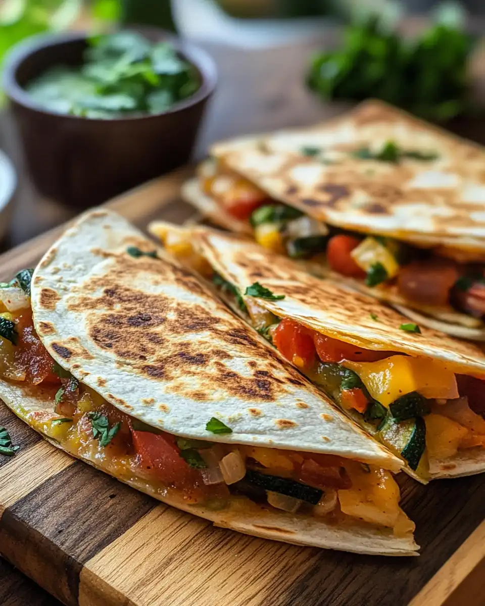 Sliced and steaming veggie quesadillas