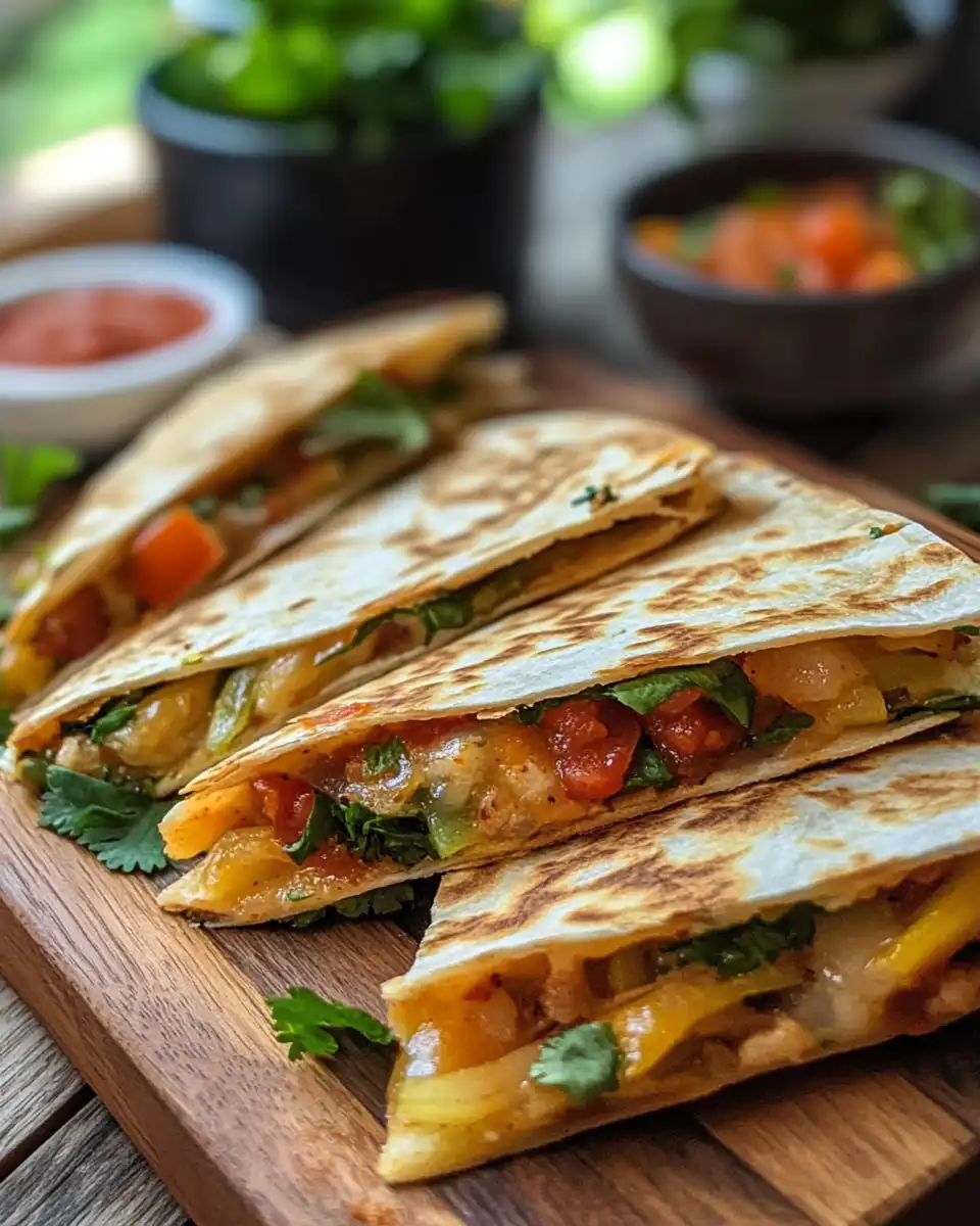 Close-up of vegetable quesadillas in a skillet
