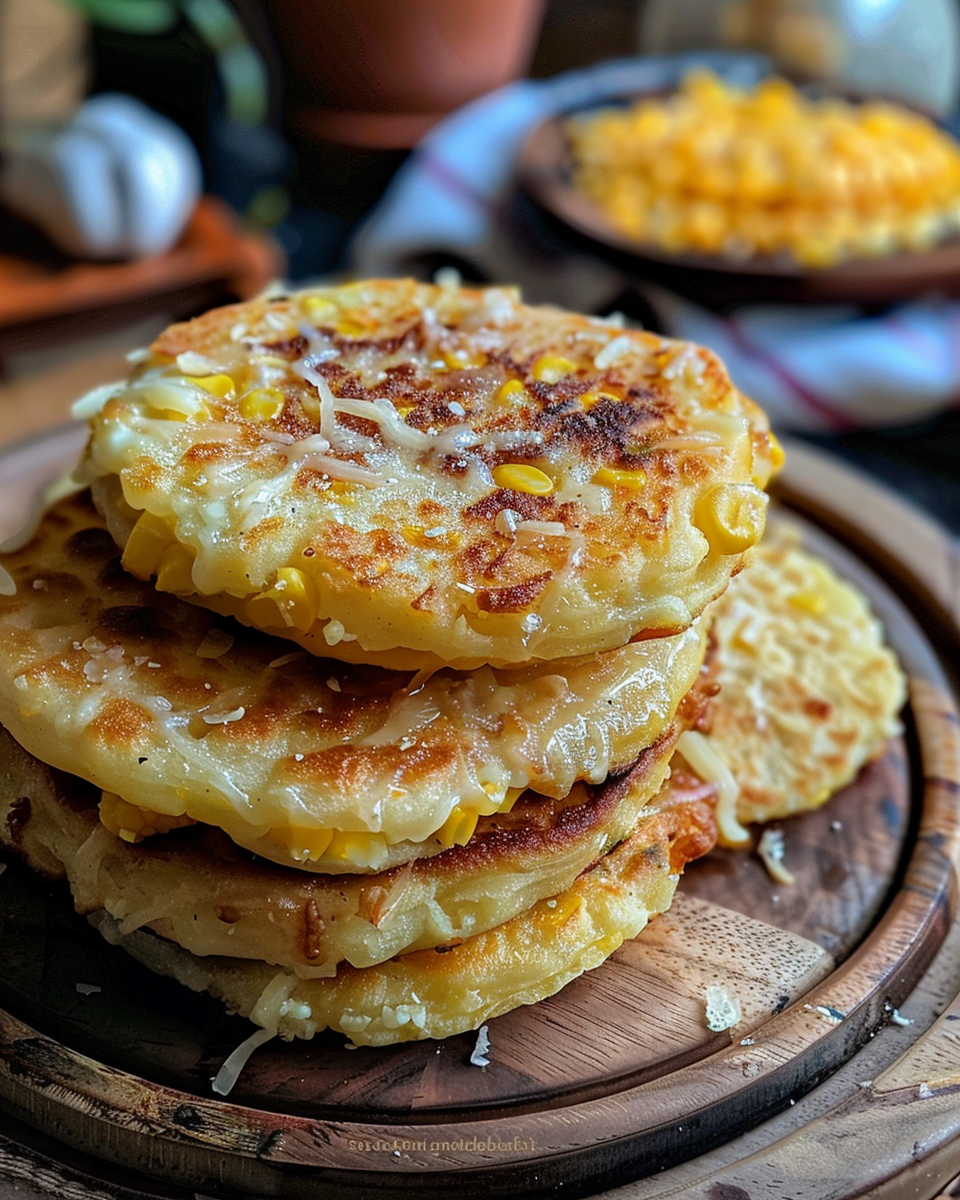 Melty cheesy sweet corn cachapas served on platter