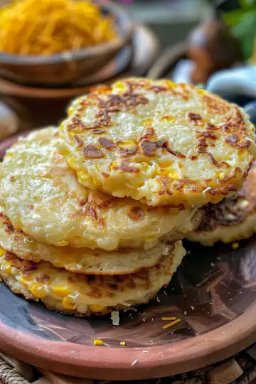 Venezuelan Sweet Corn Cachapas with Melty Cheese taken with iphone 15 pro max --iw 2 --ar 4:5 --v 6.0 --raw