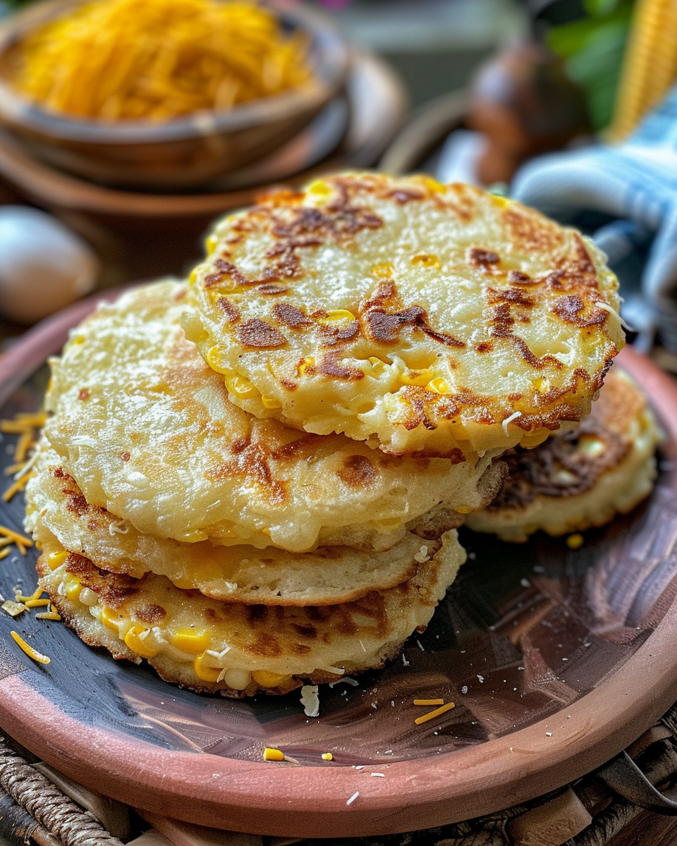 Freshly cooked sweet corn cachapas sizzling