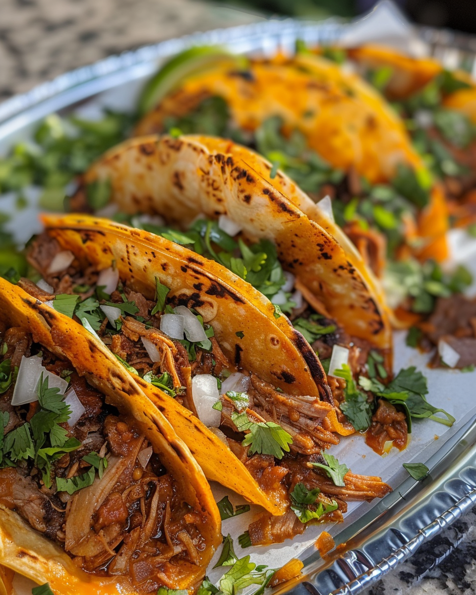 Shredded chicken birria tacos with melted cheese ready to serve