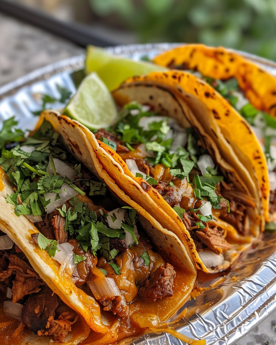 Close-up of sizzling chicken birria tacos with rich broth steam