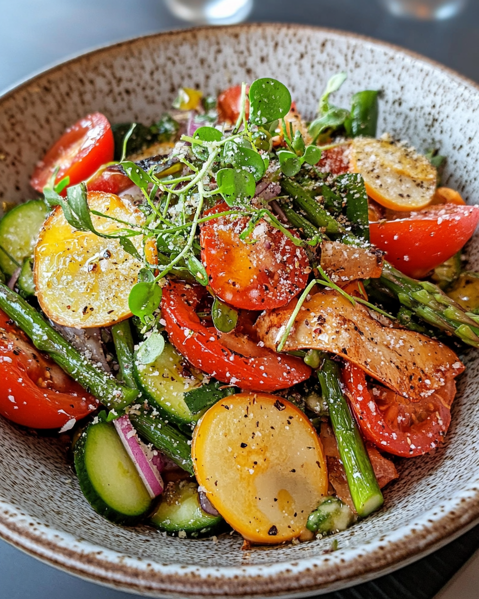 Finished asparagus salad plated and ready to serve