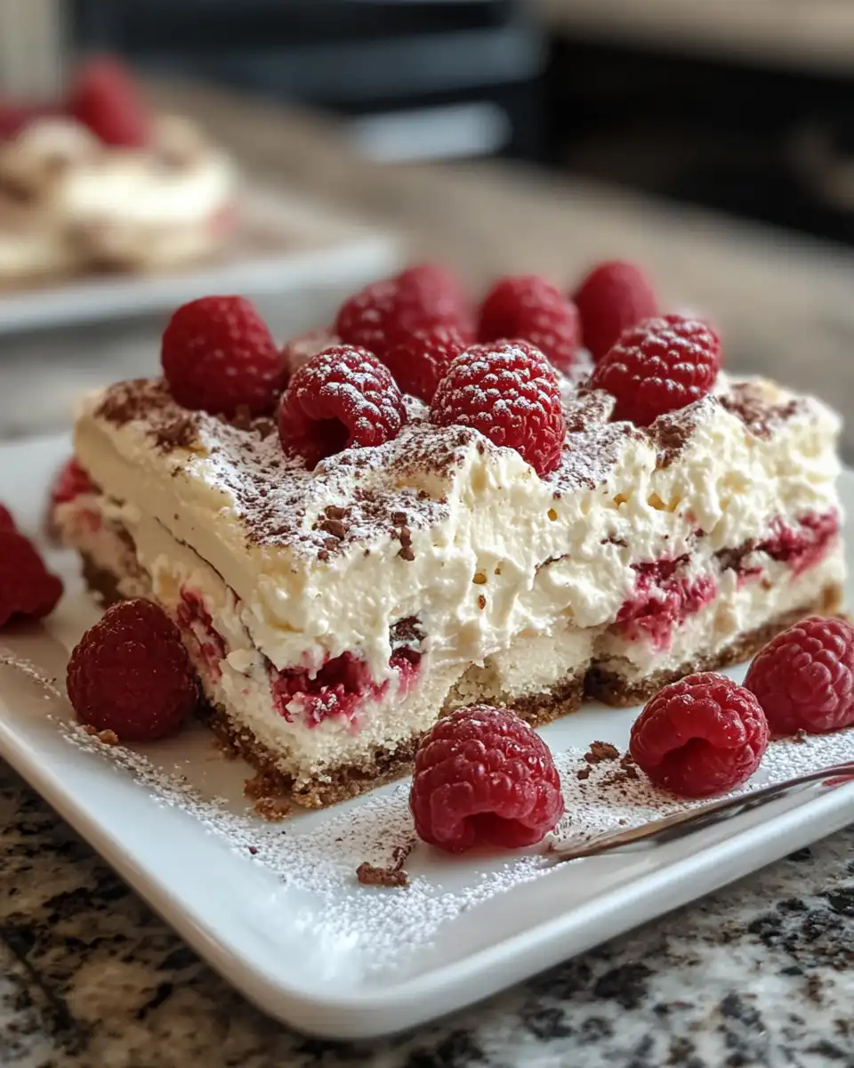 Finished white chocolate raspberry tiramisu served chilled in glass