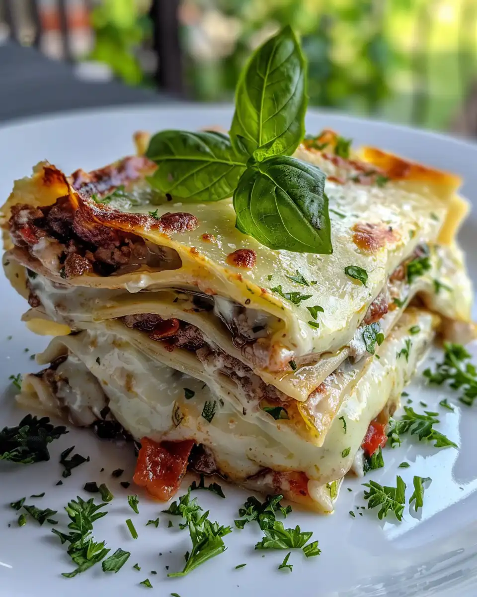 Layered white chicken lasagna before baking
