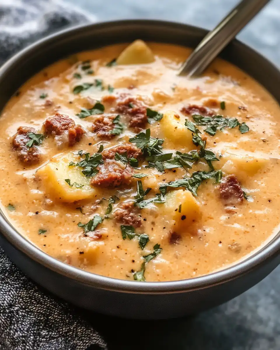 Ingredients of Cajun potato soup with andouille sausage arranged in bowl
