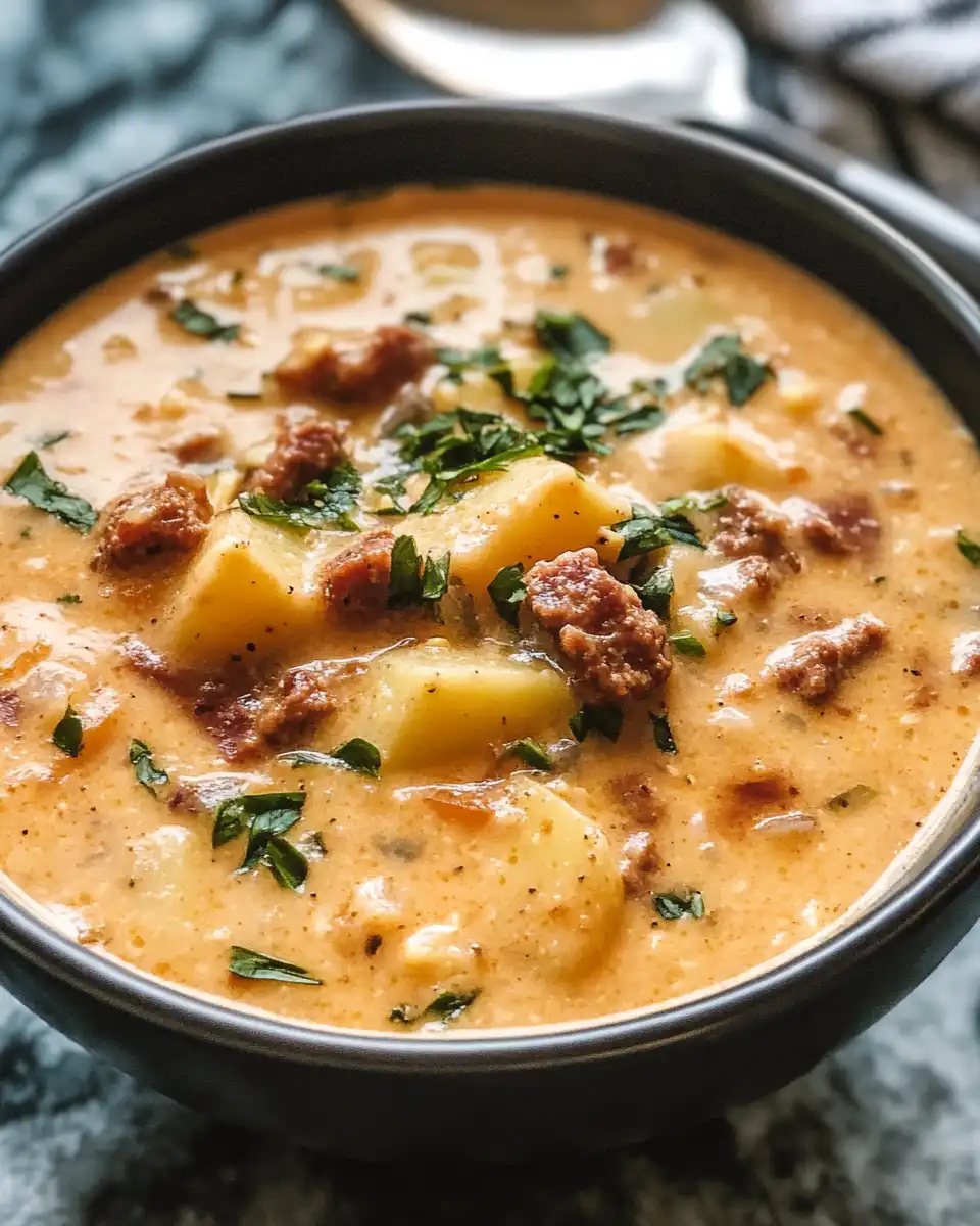 Pot with creamy Cajun potato soup simmering and giving spicy aroma