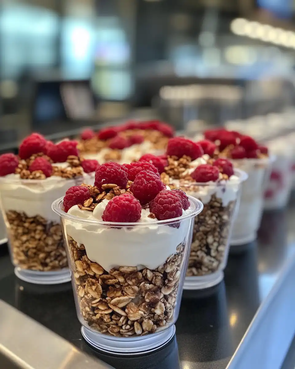 Close-up of layered yogurt parfait with fresh fruits