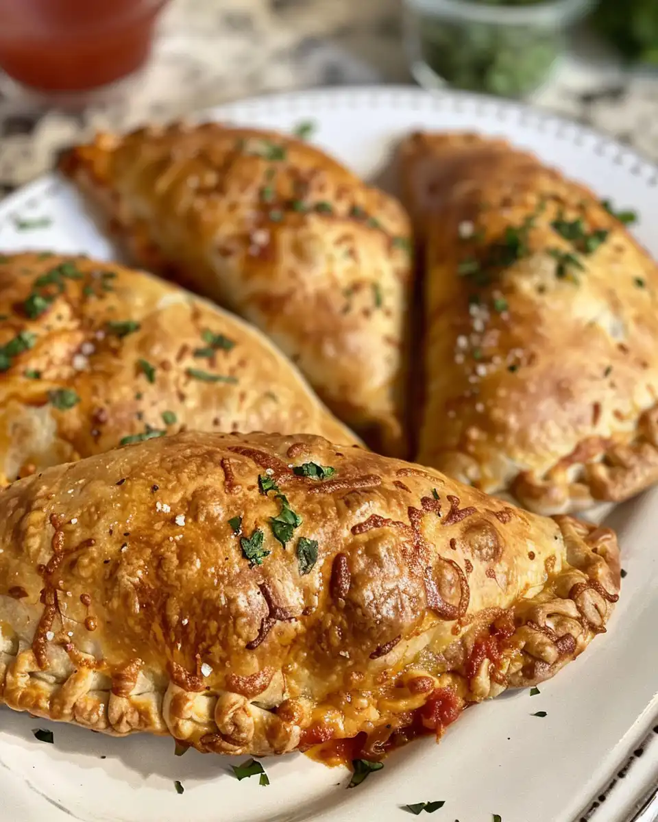 Air fryer calzones fresh out of the air fryer with steam rising
