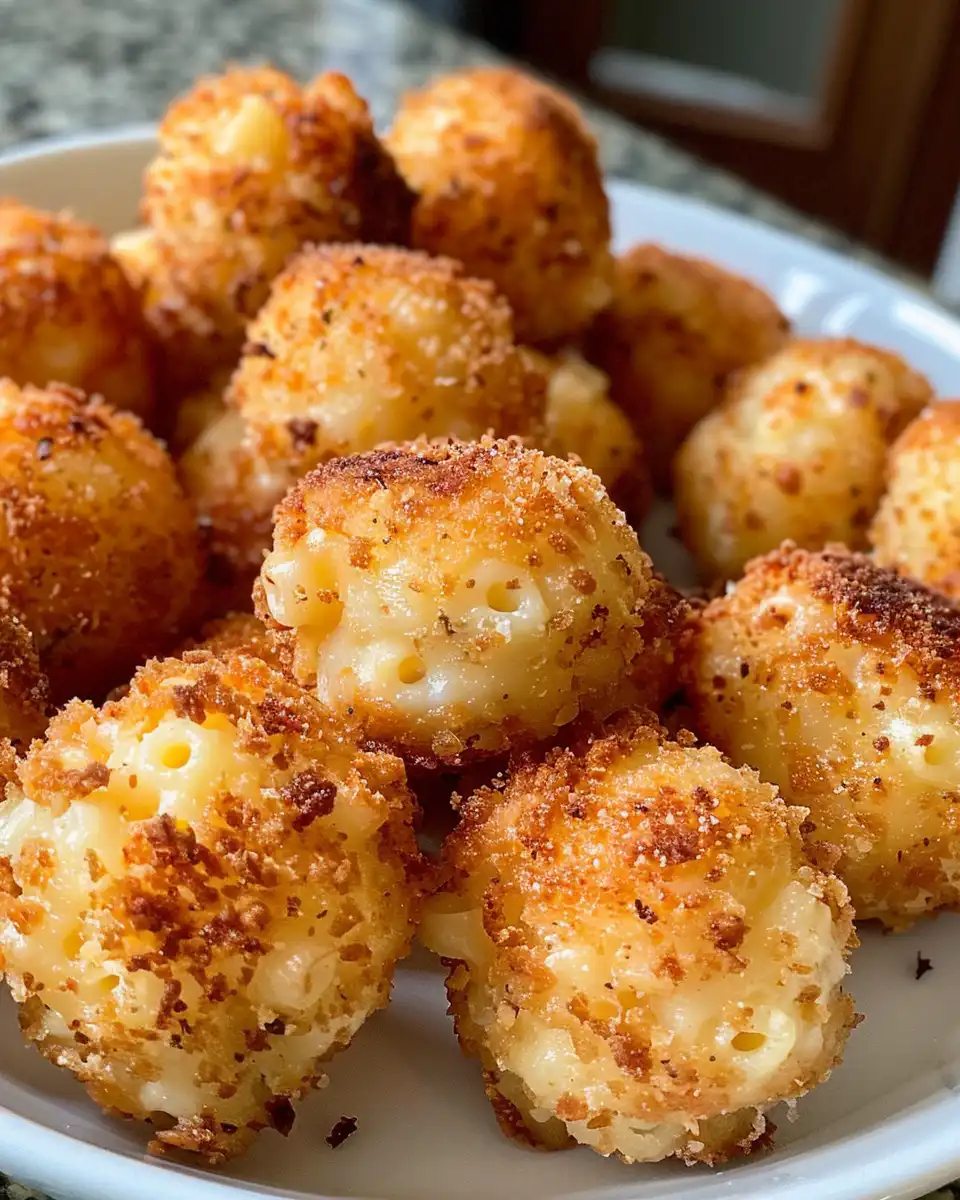 Golden brown air fryer fried macaroni and cheese balls ready to serve