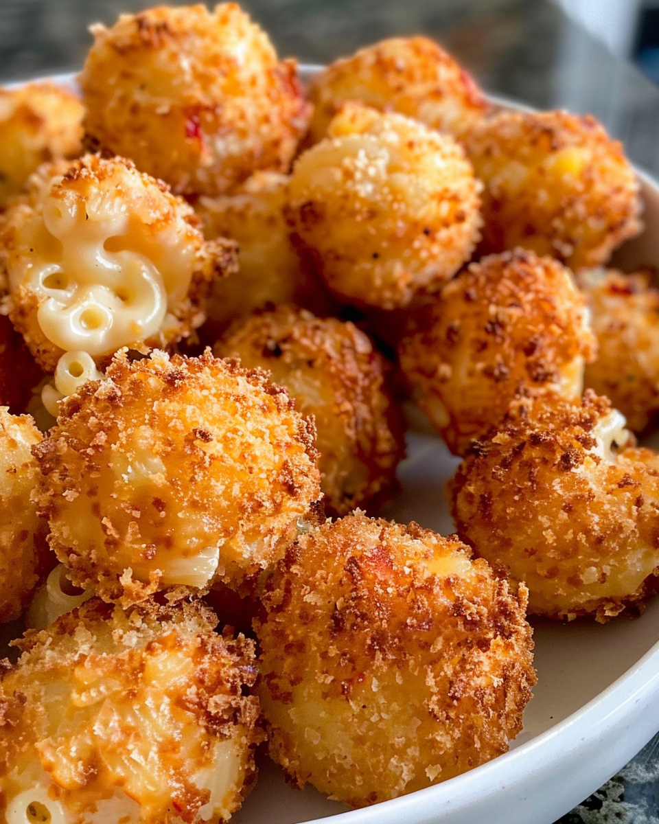 Freshly air fryer fried macaroni and cheese balls steaming hot