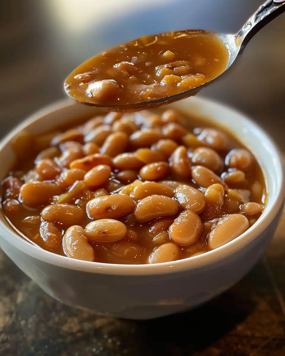 Finished baked beans dish with bubbly top and crispy bacon bits