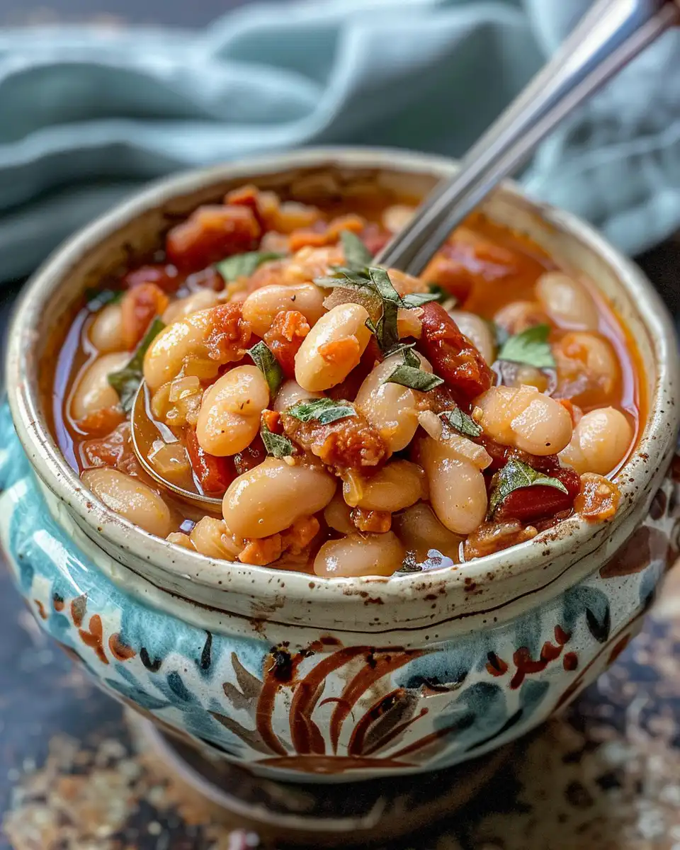 Bubbling pressure cooker baked beans with bacon in cozy kitchen
