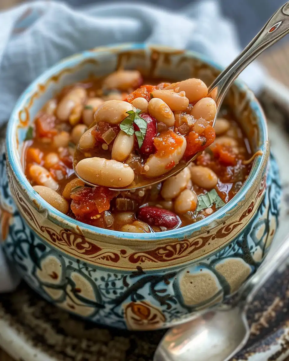 Finished pressure cooker baked beans with crispy bacon served in bowl
