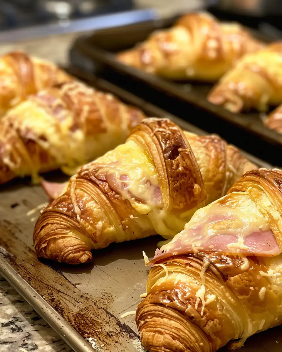 Close up of a fresh ham and cheese croissant bite showing melted cheese and flaky layers