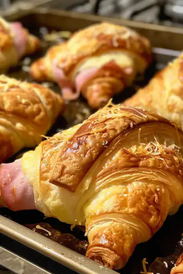 Baked Ham and Cheese Croissants taken with iphone 15 pro max --iw 2 --ar 4:5 --v 6.0 --raw
