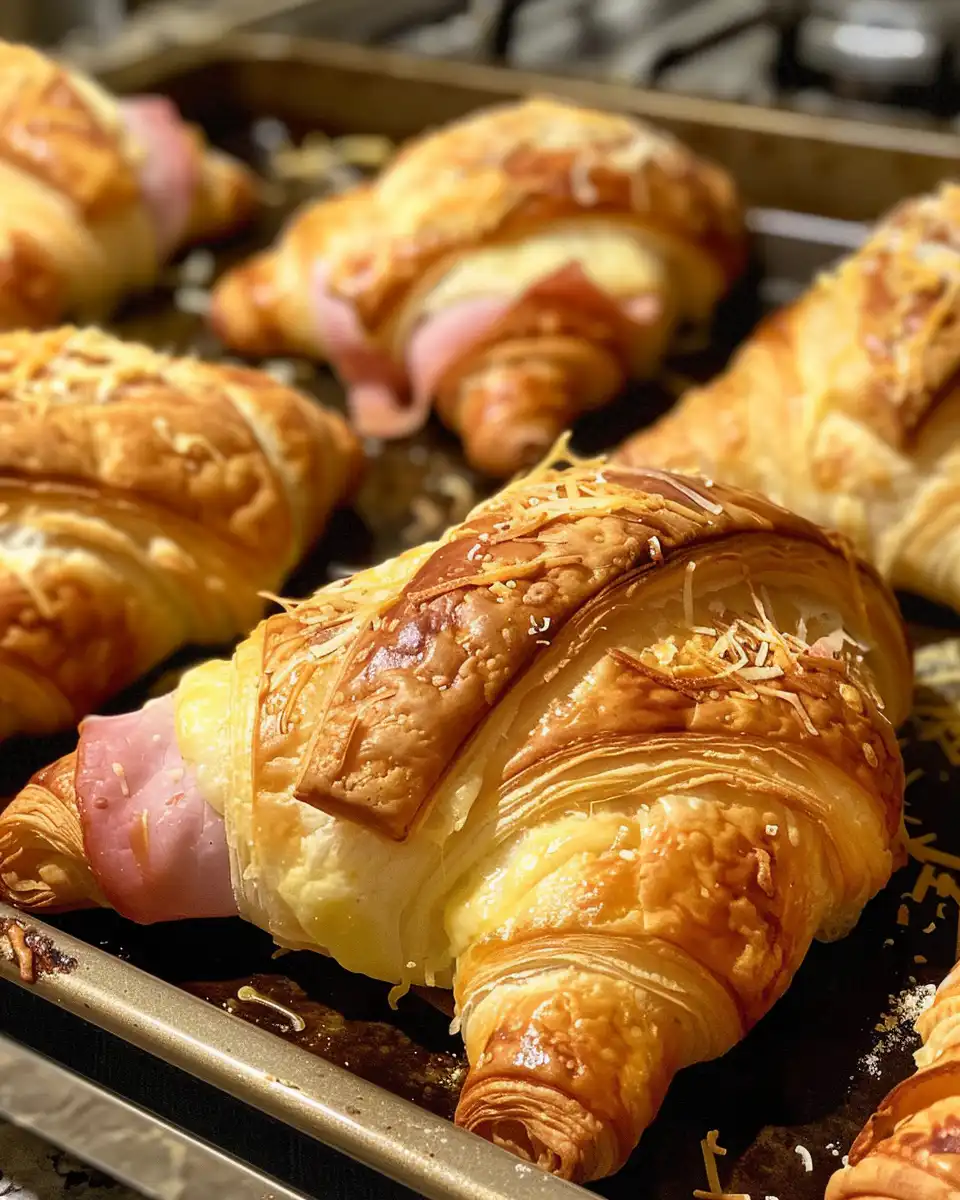 Golden baked ham and cheese croissants fresh from the oven