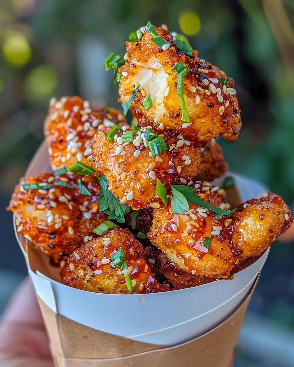 Close-up of baked honey BBQ popcorn chicken just out of the cooker