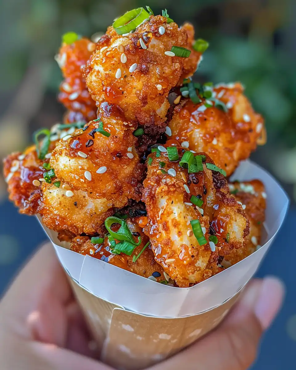 Serving of finished southern style honey BBQ popcorn chicken with golden crispy coating