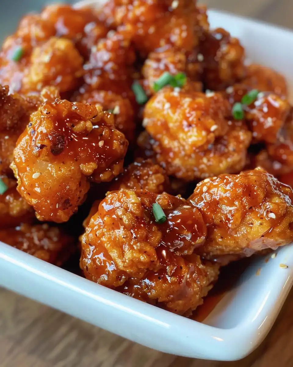 Golden crispy baked popcorn chicken coated with honey BBQ sauce