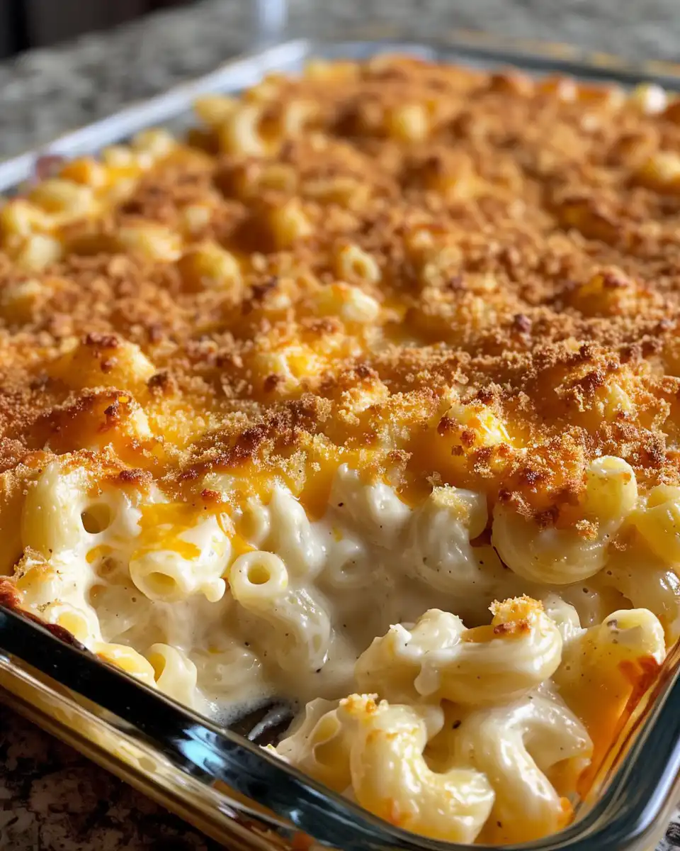 Finished slow cooker mac and cheese ready to serve