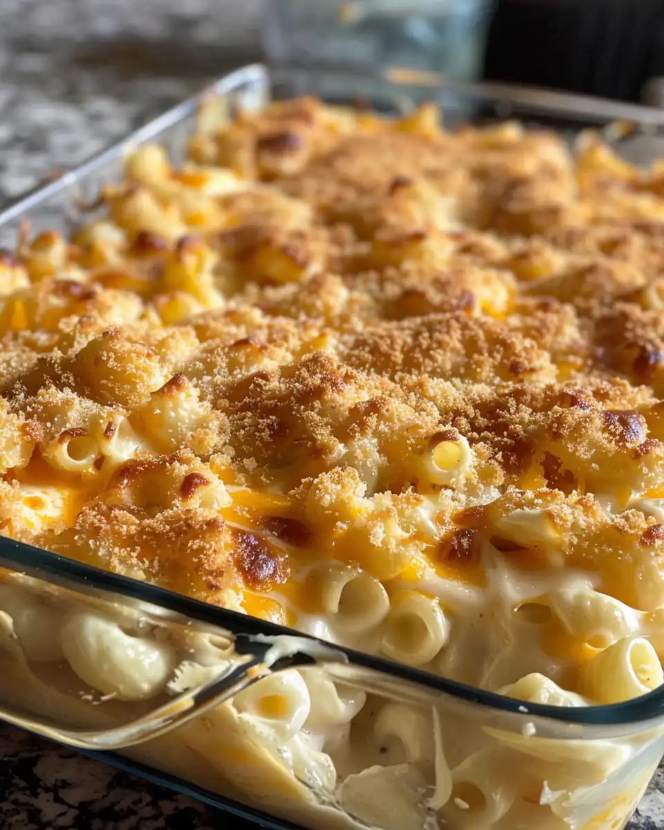 Close-up of creamy mac and cheese with melted cheddar and Gruyere cheeses