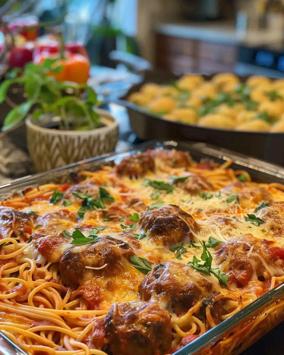 Ingredients for baked spaghetti and meatballs including cheese, sauce, and seasonings