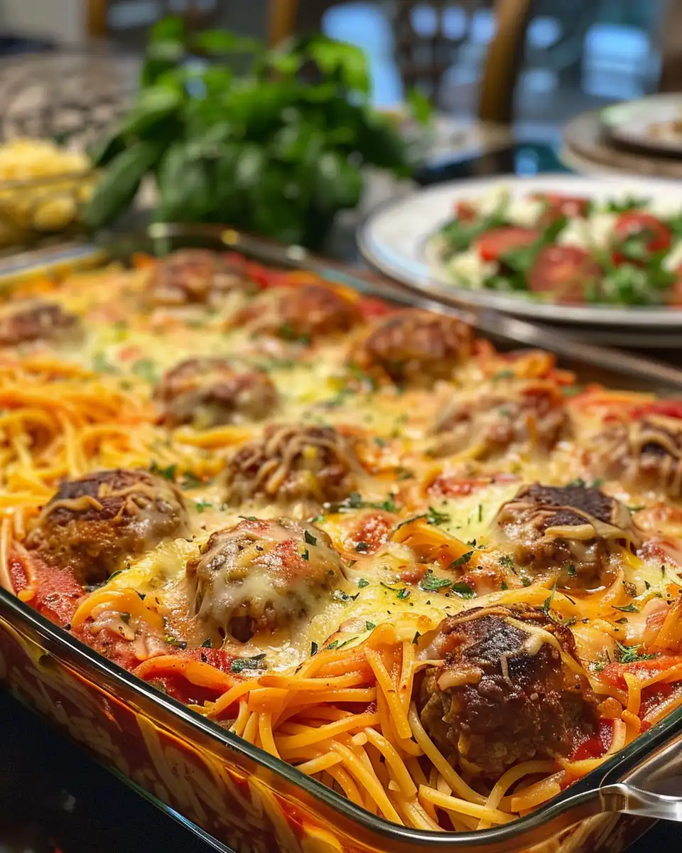 Baking dish with spaghetti, meatballs, and sauce prepared for oven baking