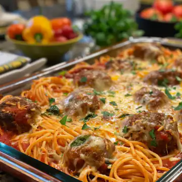 Baked Spaghetti and Meatballs taken with iphone 15 pro max --iw 2 --ar 4:5 --v 6.0 --raw