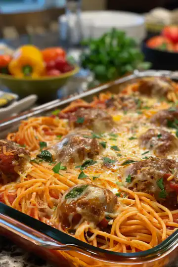 Baked Spaghetti and Meatballs taken with iphone 15 pro max --iw 2 --ar 4:5 --v 6.0 --raw