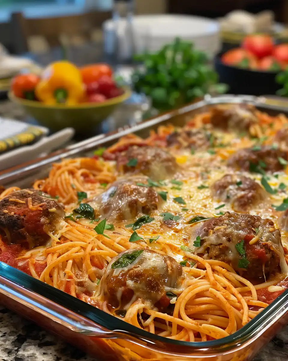Close-up of baked spaghetti and meatballs freshly cooked in pressure cooker
