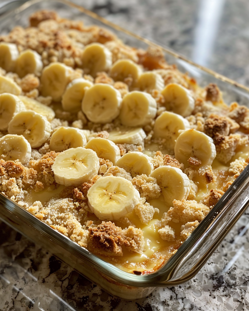 Ingredients for banana bread cobbler including bananas, oats and sugar
