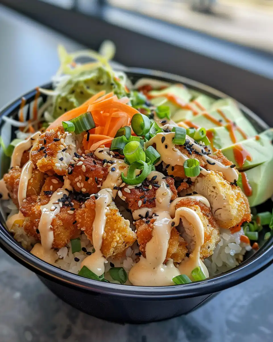 Ingredients for Bang Bang Chicken Bowl arranged in bowls