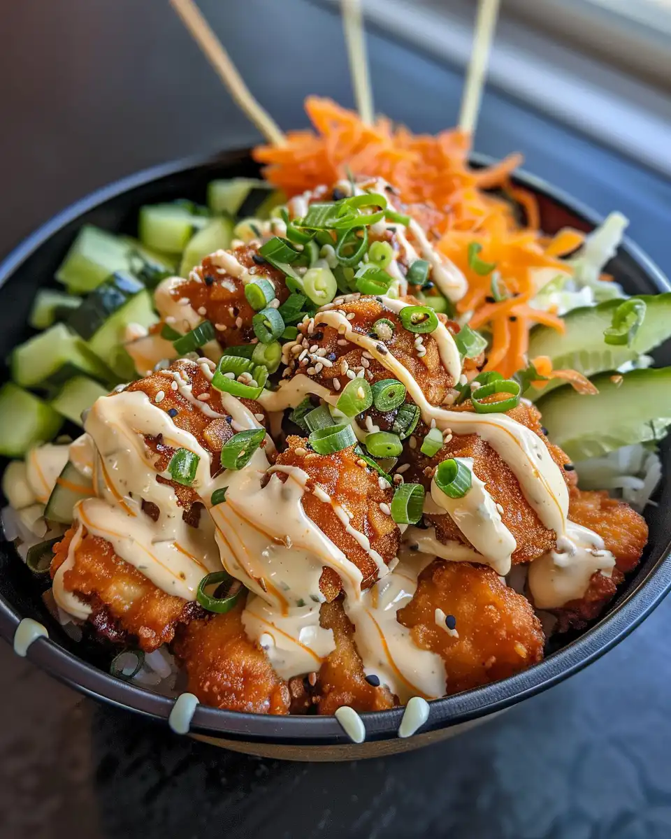 Serving of Bang Bang Chicken Bowl with rice and fresh veggies ready to eat