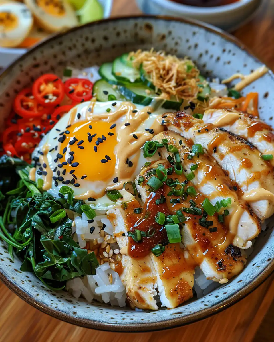 Close-up of Bang Bang Chicken Bowl ready to serve