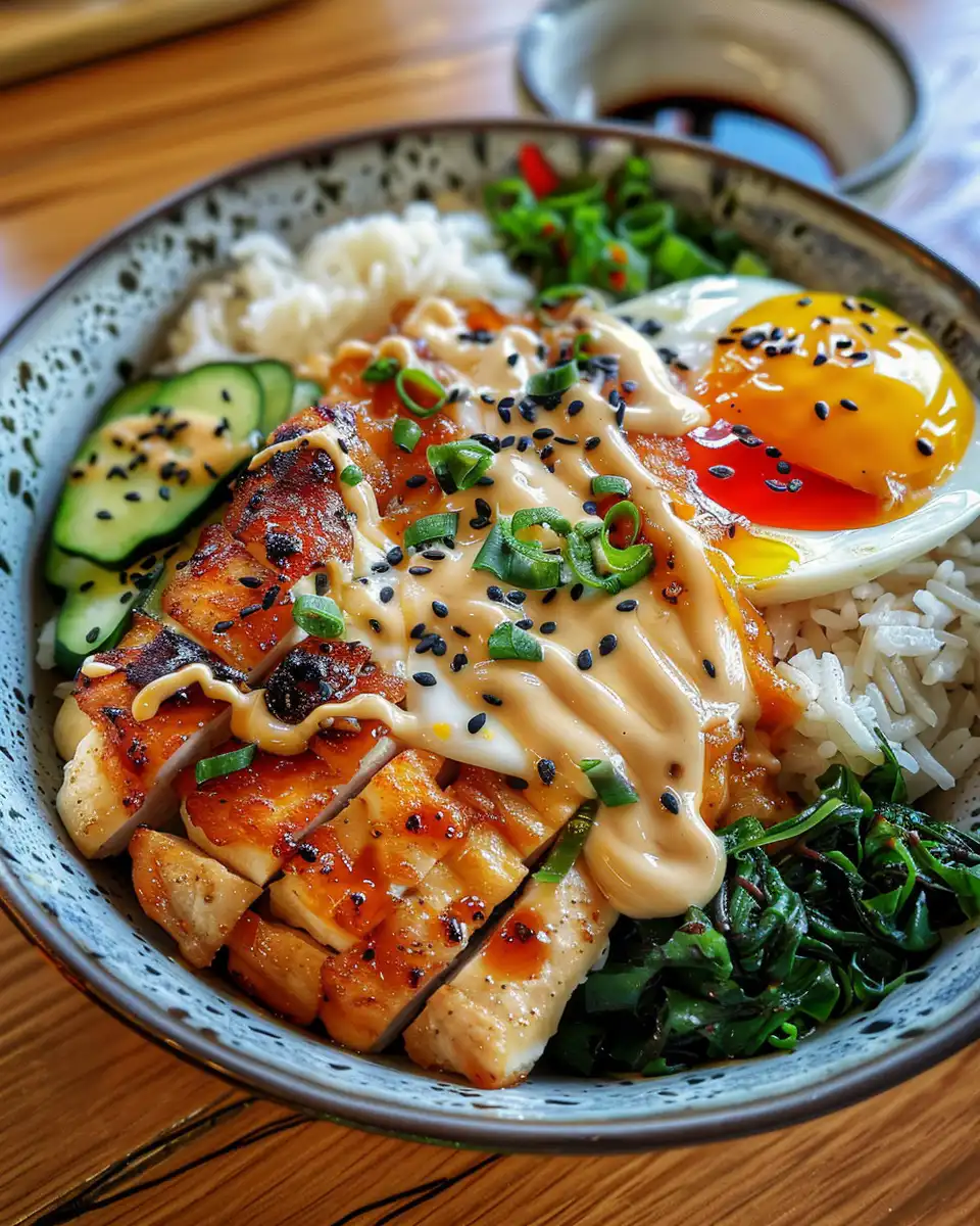 Final plated Bang Bang Chicken Bowl with sauce and fresh veggies