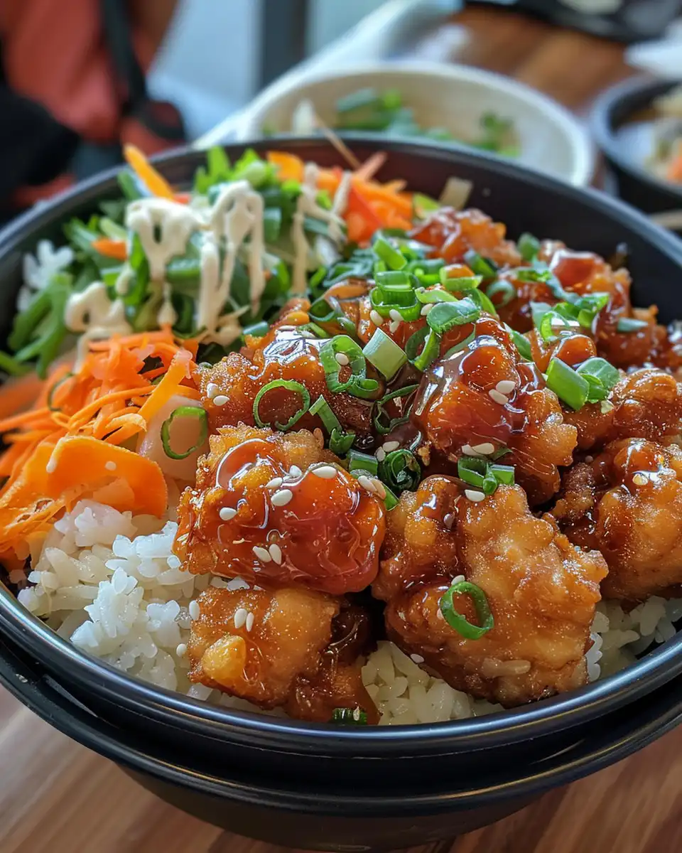 Ingredients for Bang Bang Chicken Bowl including carrots, cabbage, and sauces