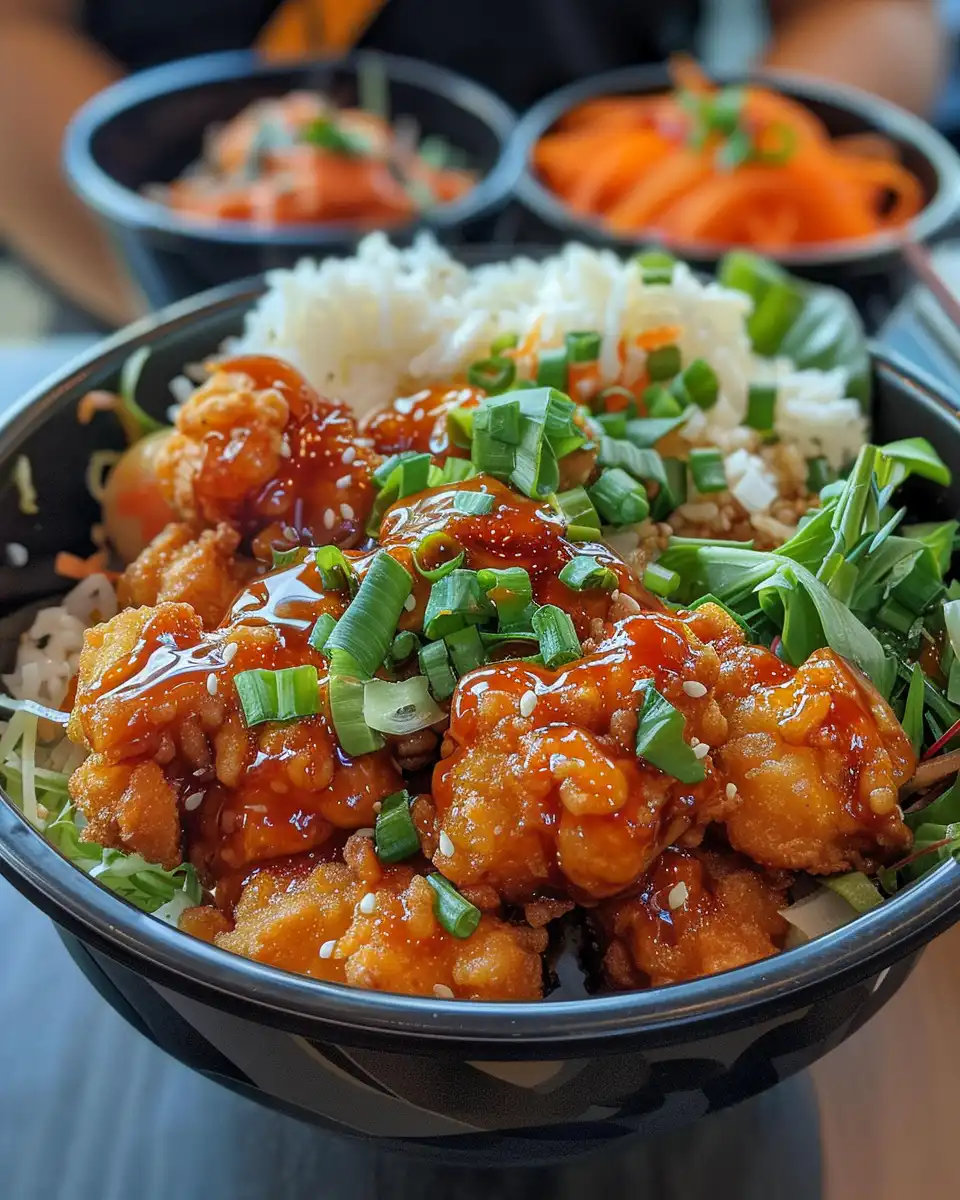 Final Bang Bang Chicken Bowl served with avocado mayo drizzle and garnish