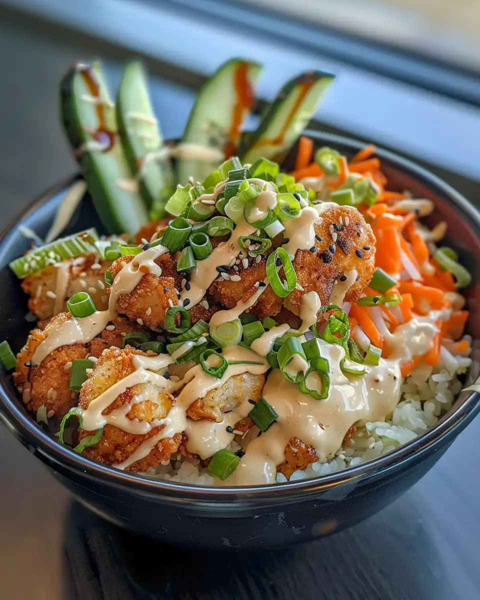 Freshly prepared Bang Bang Chicken bowl steam rising