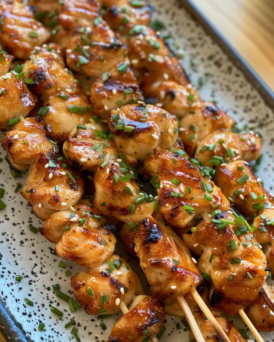 Served Bang Bang Chicken Skewers plated with sauce and vegetables